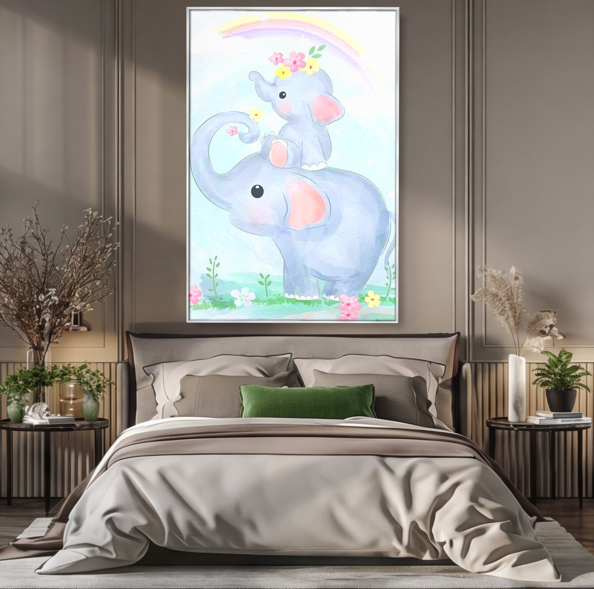 Tablou canvas cu tablou canvas cu elefanti pastelati, in rama de aluminiu argintiu, pe perete intr-un dormitor